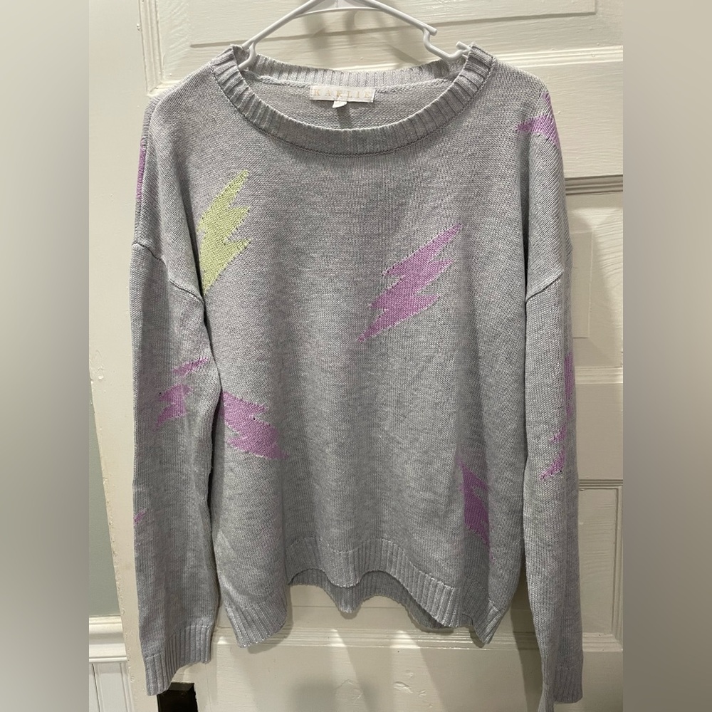 Karlie Gray Sweater with Pink and Yellow lightening bolts, Size Large
